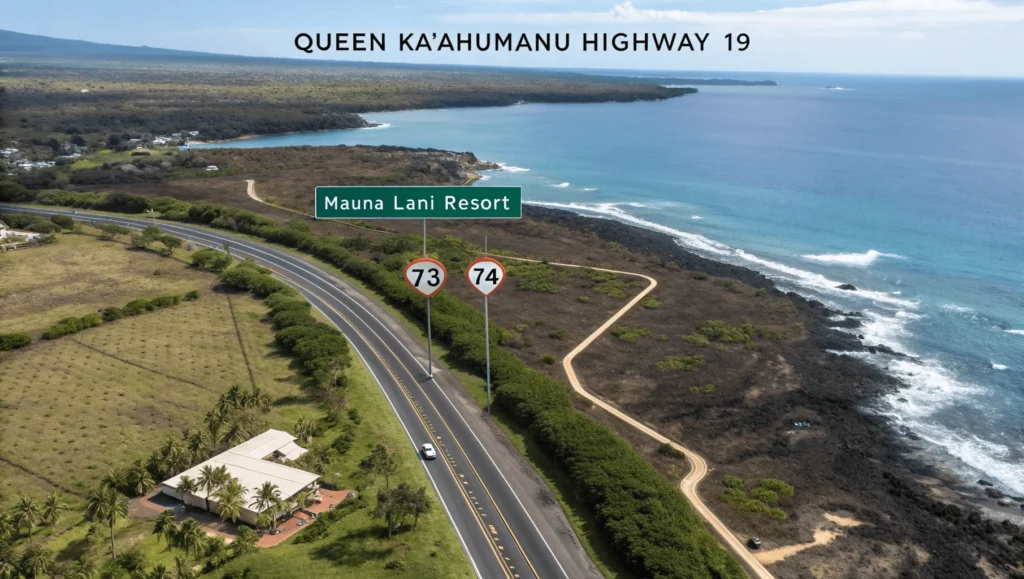 Map highlighting Queen Ka'ahumanu Highway with Mauna Lani Resort entrance marked between mile markers 73-74