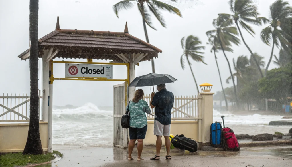 Disappointed tourists with luggage and beach gear standing in rain looking at 'CLOSED' sign at Malaysian beach resort entrance with stormy sea in background.