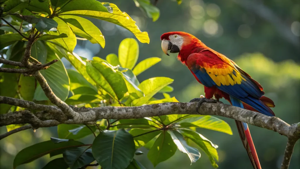 Close-up of a wild scarlet macaw with bright red, yellow and blue plumage perched on a branch in Carara National Park near Jaco, Costa Rica.