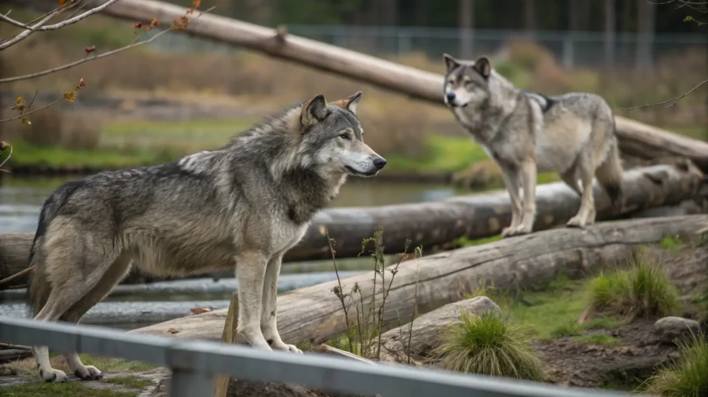 Two gray wolves in their naturalistic habitat at Bay Beach Wildlife Sanctuary, showing the spacious enclosure design