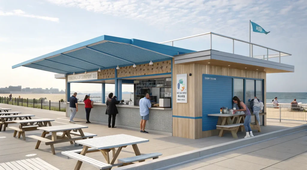The Sea Shack concession stand at Old Silver Beach with its blue awning, adjacent restroom facilities, outdoor showers, and picnic area.
