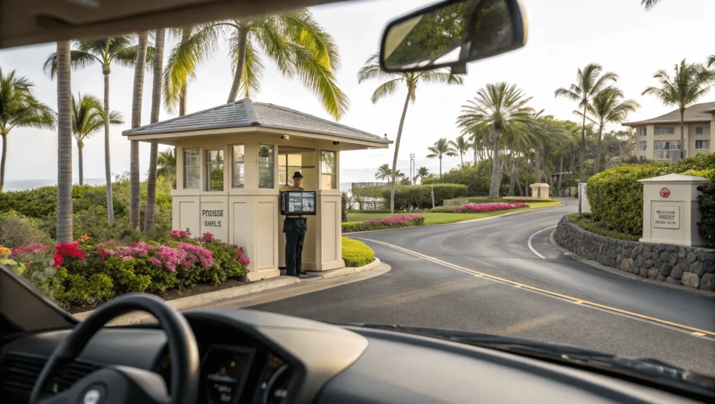 Front view of Mauna Lani Resort security gate with guard booth where beach passes are issued
