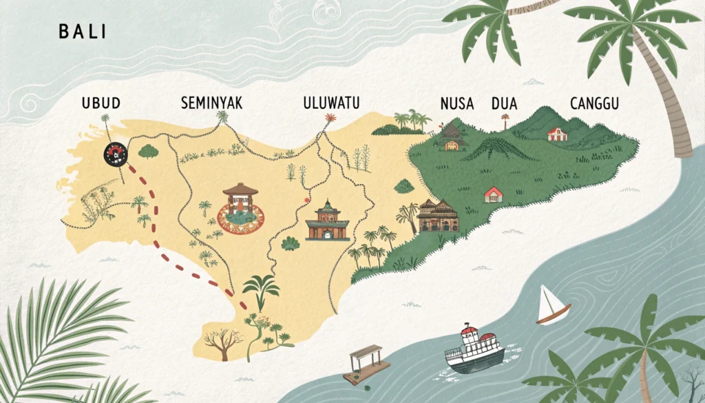 Illustrated map of Bali with color-coded regions highlighting distinctive features of Ubud, Seminyak, Uluwatu, Nusa Dua, Canggu and the Nusa Islands.