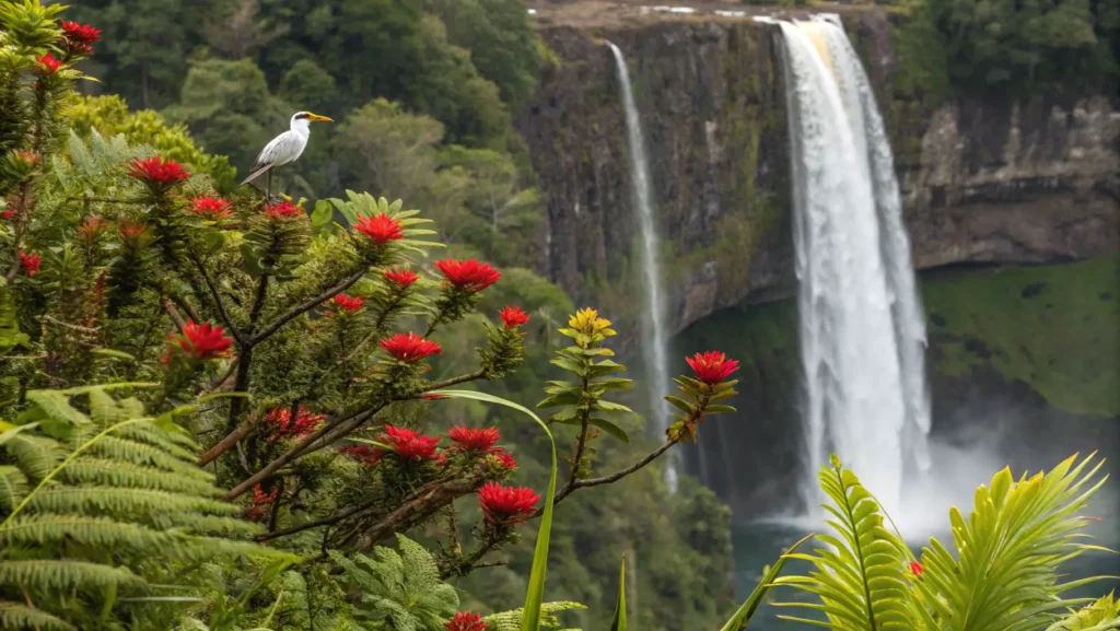 Native Hawaiian ecosystem around Wailua Falls showing 'Ōhi'a Lehua blossoms, ferns, a white-rumped Shama bird, and basalt cliff geology.