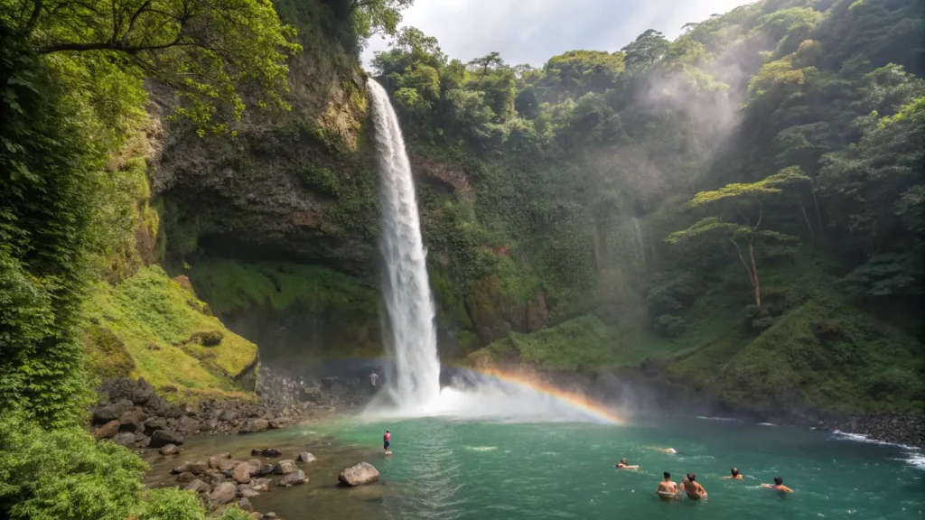 La Fortuna Waterfall with swimmers in natural pool surrounded by rainforest