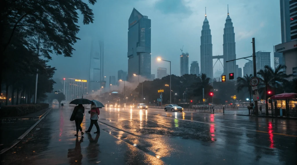 Kuala Lumpur during October monsoon rain showing wet streets reflecting city lights and pedestrians with umbrellas