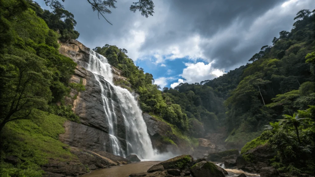 Telaga Tujuh waterfall in Langkawi during August wet season showing powerful water flow over multiple granite tiers surrounded by exceptionally lush rainforest under dramatic cloudy sky with no tourists present.