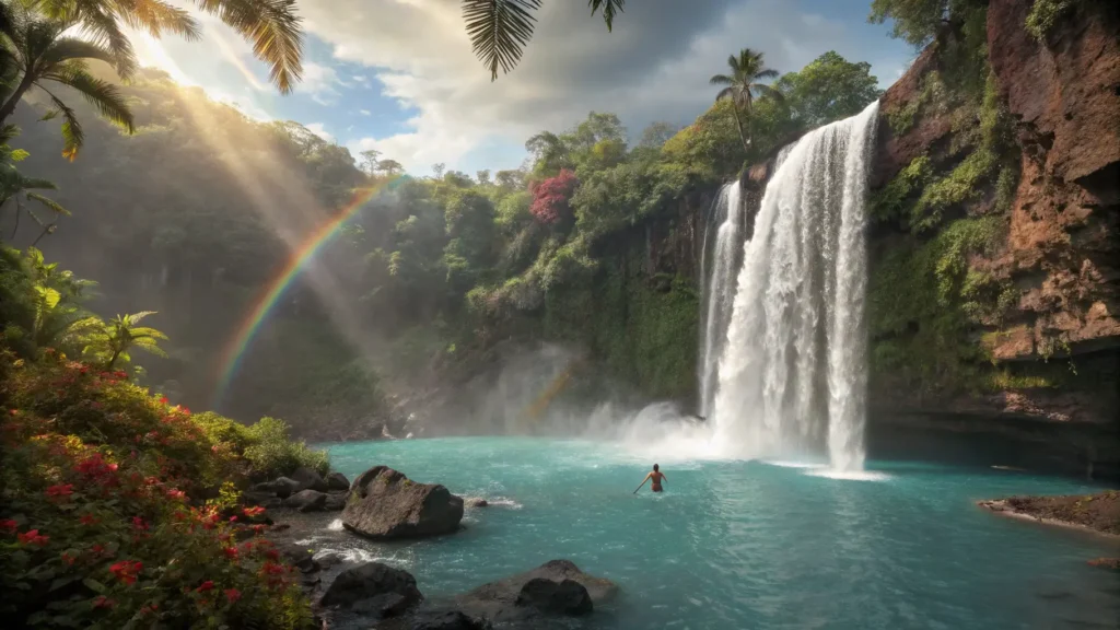 Person swimming in turquoise pool beneath towering jungle waterfall near Tamarindo