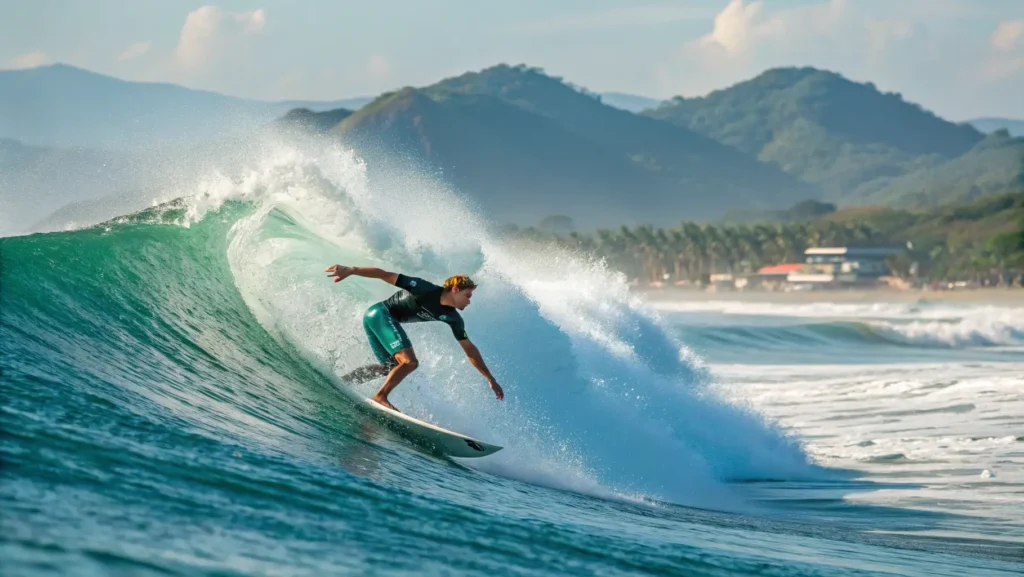 Surfer riding a wave at Jaco Beach, Costa Rica with spray coming off the surfboard and mountains visible in the background.