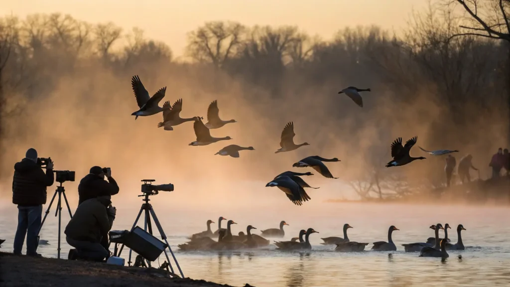 Multiple waterfowl species taking flight from Fox River at Bay Beach Wildlife Sanctuary with photographers on observation platform