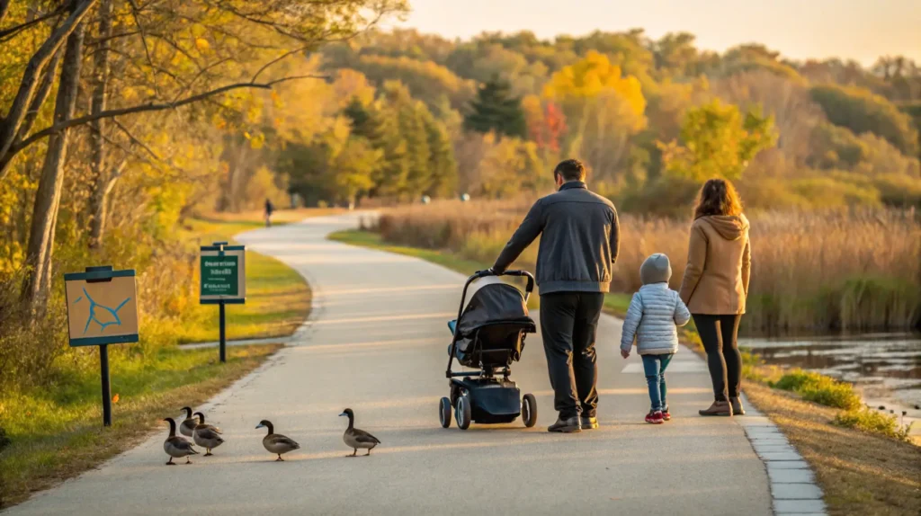  Family with stroller walking along paved Lagoon Trail at Bay Beach Wildlife Sanctuary viewing waterfowl