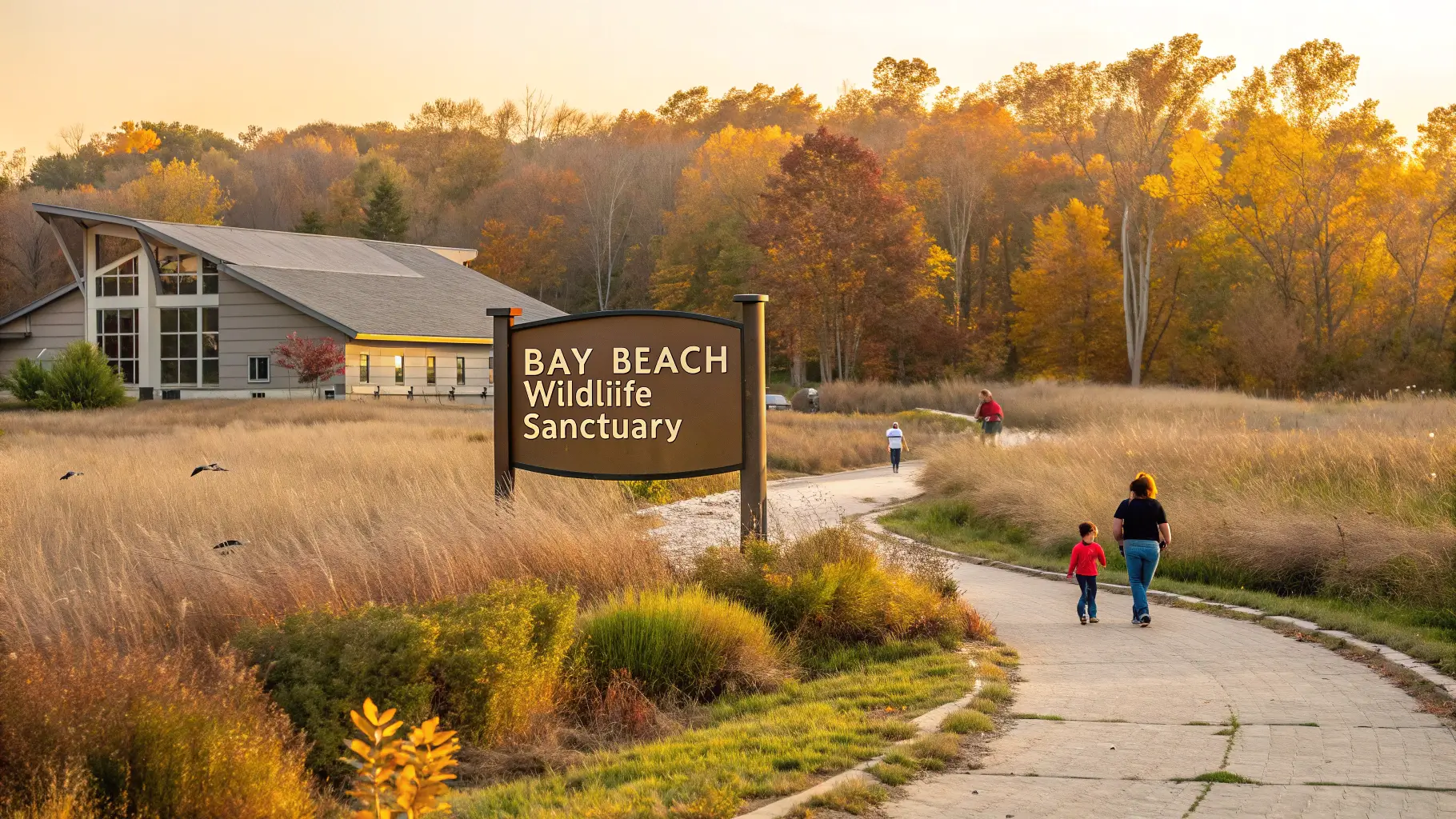 Family walking toward Bay Beach Wildlife Sanctuary nature center at sunset with prairie grass and wildlife visible