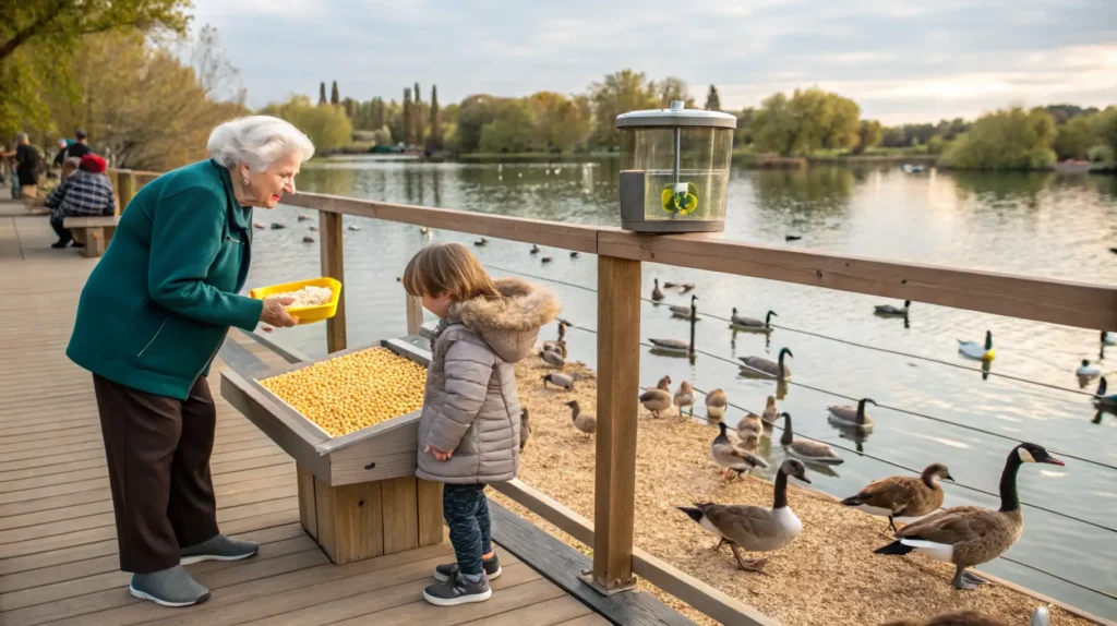 Child and grandmother feeding ducks and geese at Bay Beach Wildlife Sanctuary's designated feeding platform