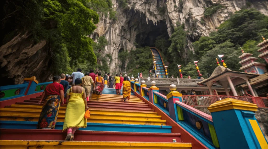 Thaipusam celebration at Batu Caves Kuala Lumpur with devotees climbing colorful rainbow staircase