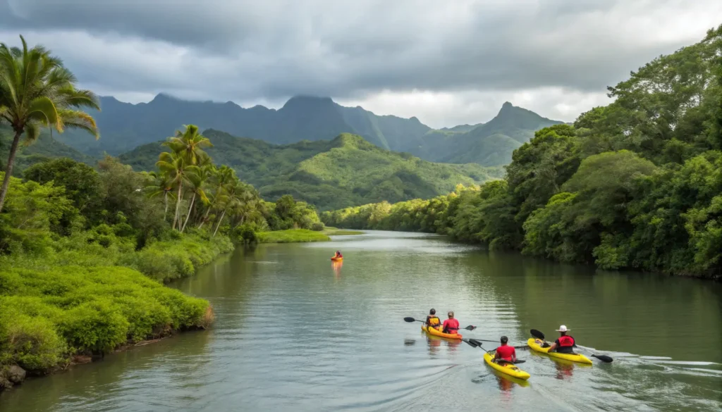  Guided kayaking tour group paddling up Wailua River through tropical forest
