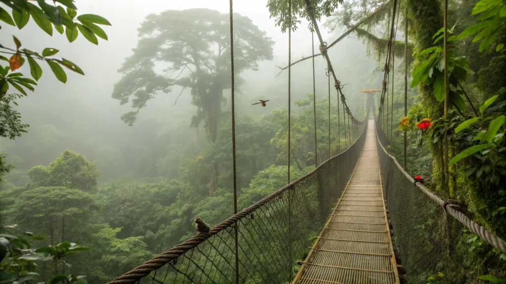 Hanging bridge spanning rainforest canopy with sloth and tropical birds visible