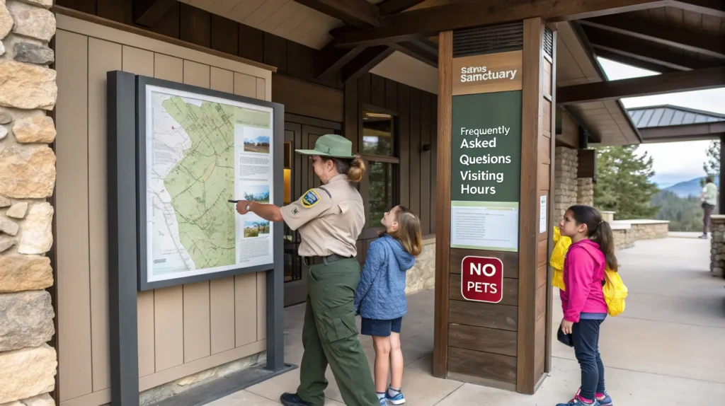 Bay Beach Wildlife Sanctuary staff member providing information to visiting family at entrance kiosk