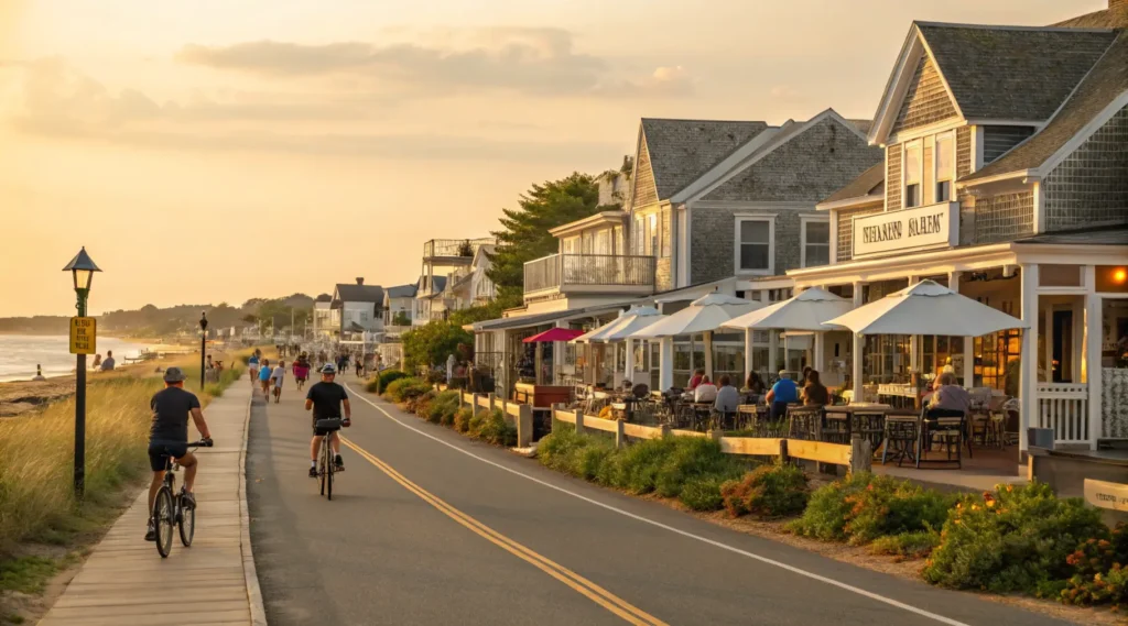 Quaker Road near Old Silver Beach featuring local restaurants with outdoor seating, cyclists on nearby paths, and a popular ice cream shop in classic Cape Cod architecture.