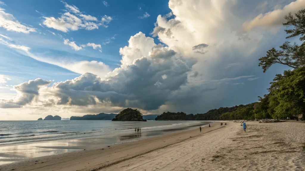 Late afternoon at Tanjung Rhu beach in early May showing partially occupied beach, mix of blue sky and building cumulus clouds, calm sea, and distant rain shower over limestone karsts.