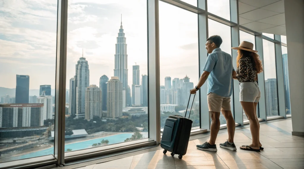Travelers transitioning from Kuala Lumpur hotel to Langkawi beach resort showing optimal February itinerary planning