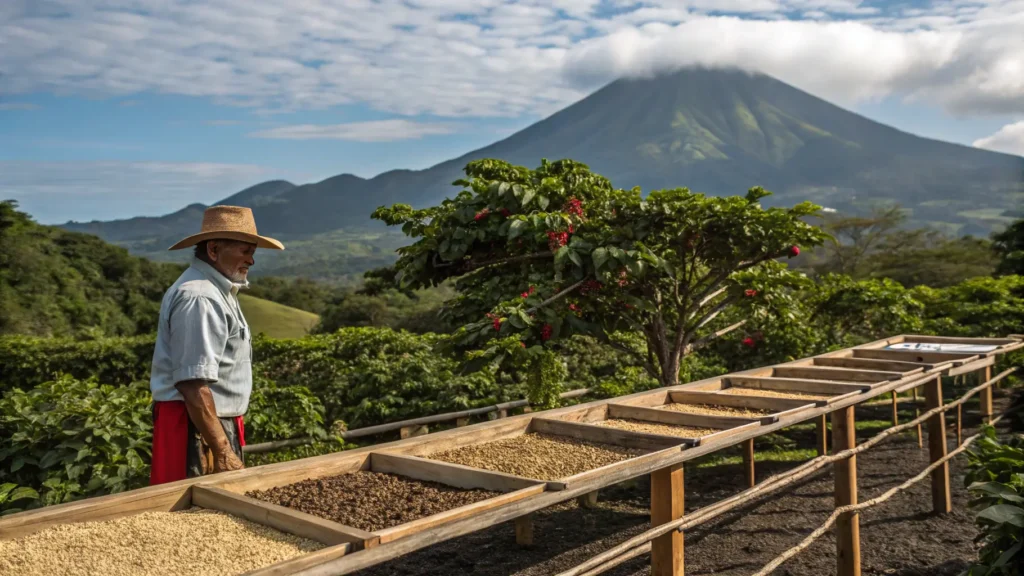 Costa Rican farmer demonstrating traditional coffee processing with volcano in background