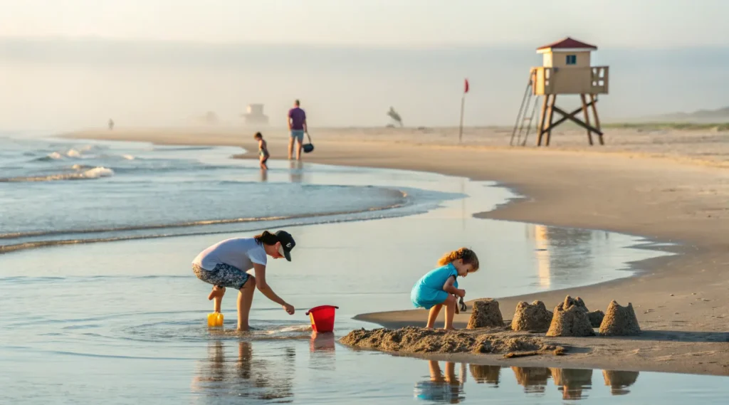 
Families with young children enjoying Old Silver Beach's shallow waters, building sandcastles, and exploring tide pools with a lifeguard stand in the background.