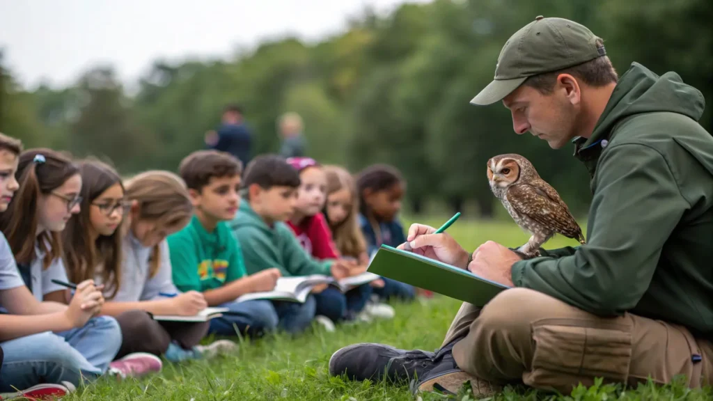 Naturalist presenting screech owl to engaged school children during wildlife education program
