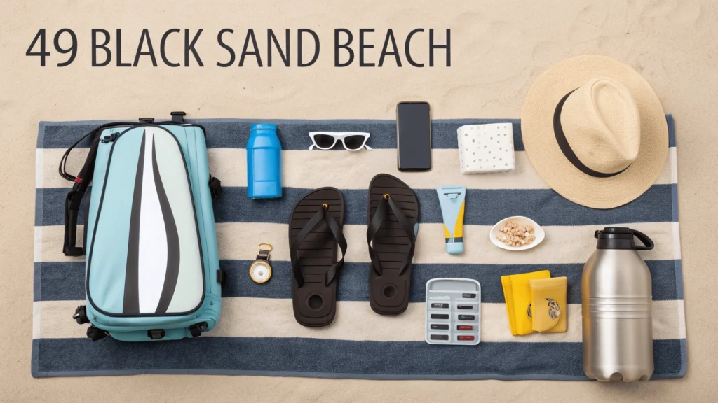 Flat-lay arrangement of beach essentials including reef-safe sunscreen, water shoes, snorkel gear, water bottle, and beach pass