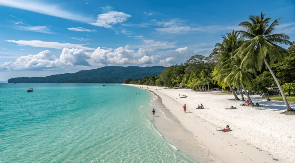 Pantai Cenang beach Langkawi in January showing perfect beach conditions with clear water and blue skies