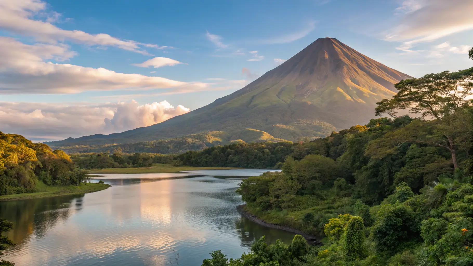 Arenal Volcano reflected in lake at sunrise with morning mist and tropical rainforest