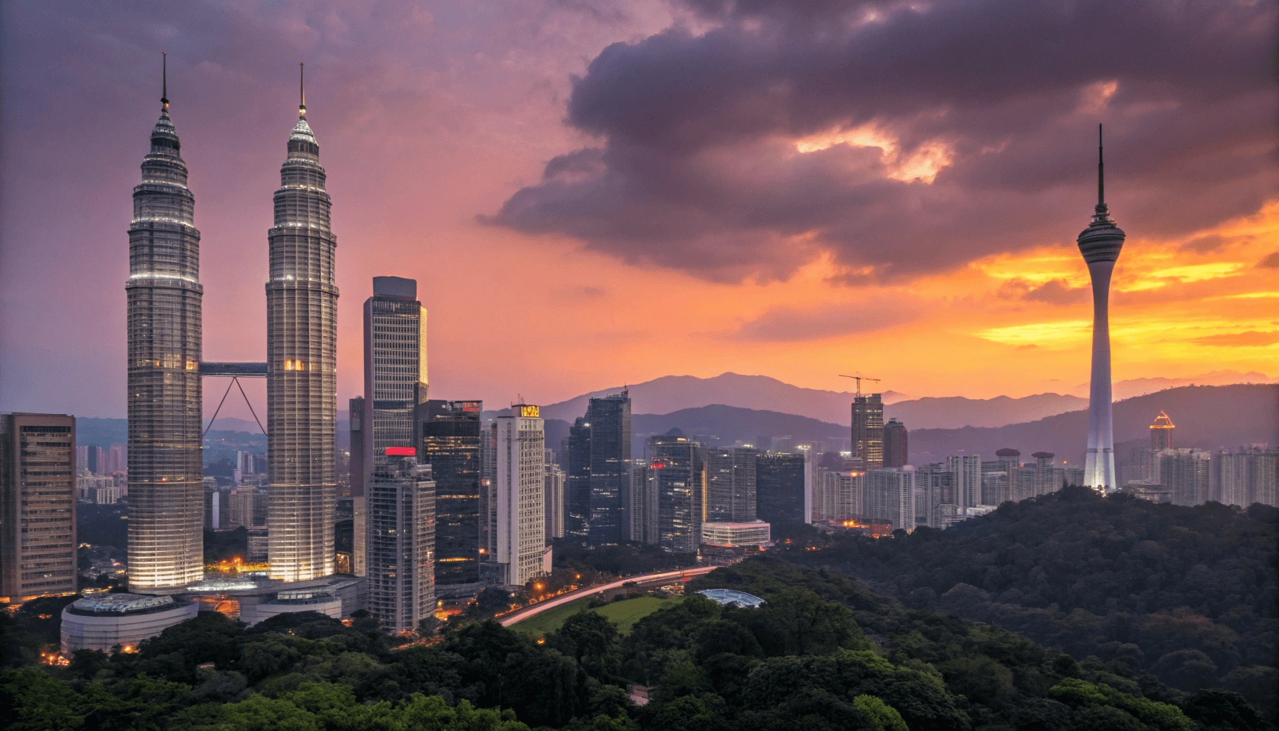 Kuala Lumpur skyline at sunset featuring Petronas Twin Towers, KL Tower, and modern skyscrapers against a colorful sky with city lights beginning to illuminate