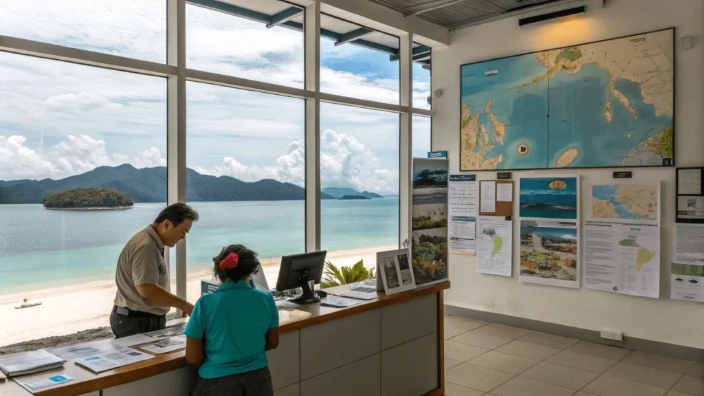 Tourist information center in Langkawi with staff member assisting diverse international travelers, weather charts and island maps on walls, and views of partially cloudy skies over beaches and mountains through windows.
