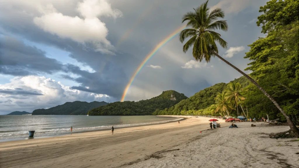 Early November view of Pantai Kok beach showing clearing weather with rainbow over the bay, few visitors on freshly rain-washed sand, and exceptionally green surrounding hills as Langkawi transitions from wet to dry season.