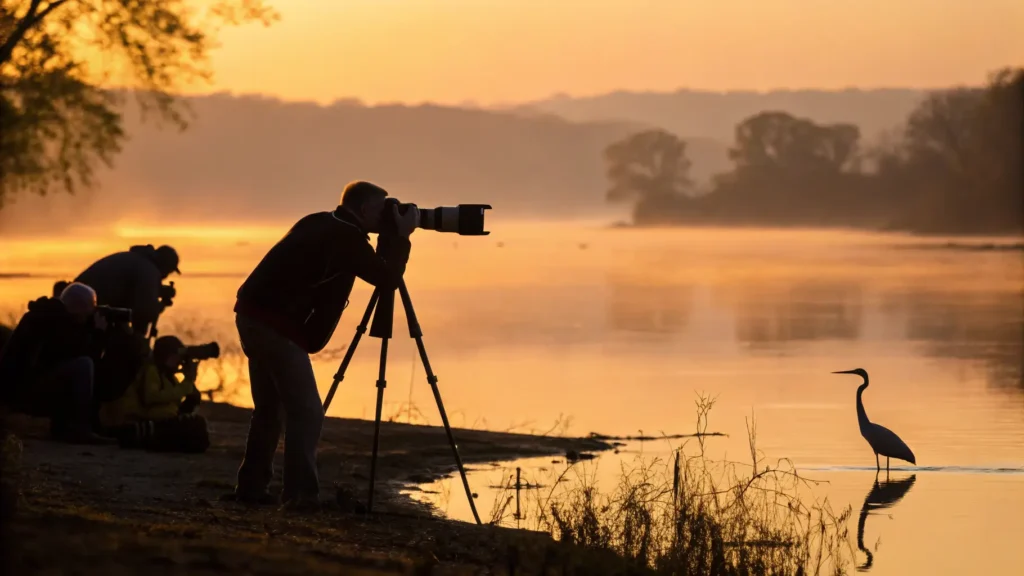Wildlife photographer capturing great blue heron at sunrise at Bay Beach Wildlife Sanctuary prime photography location