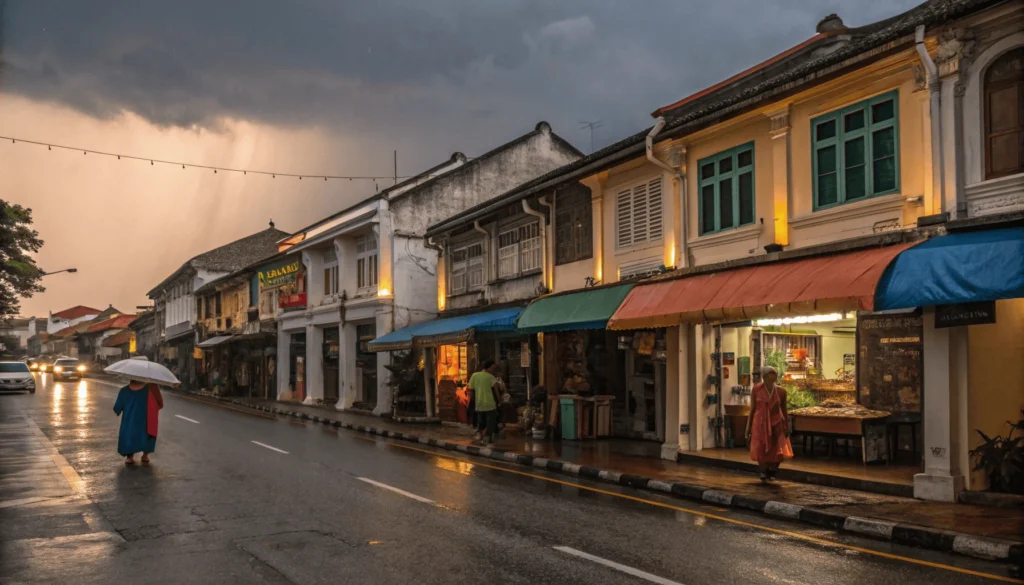 Tourists sheltering under colorful shop awnings during a typical afternoon downpour in Georgetown, Penang, with colonial buildings, puddles reflecting architecture, and raingear-clad pedestrians.