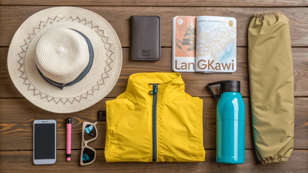Neatly arranged Langkawi travel essentials on wooden surface, including sun hat, sunscreen, insect repellent, rain jacket, waterproof phone case, Malaysian currency, guidebook, quick-dry clothing, and water bottle, grouped by season requirements.
