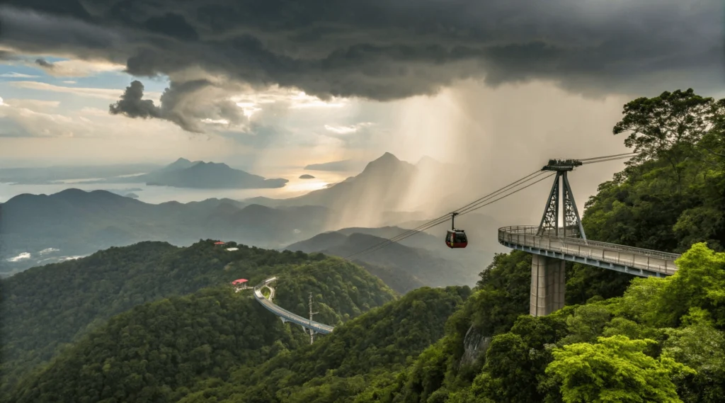 Photographer capturing Langkawi Cable Car and Sky Bridge in late November with dramatic clouds and lush green forest