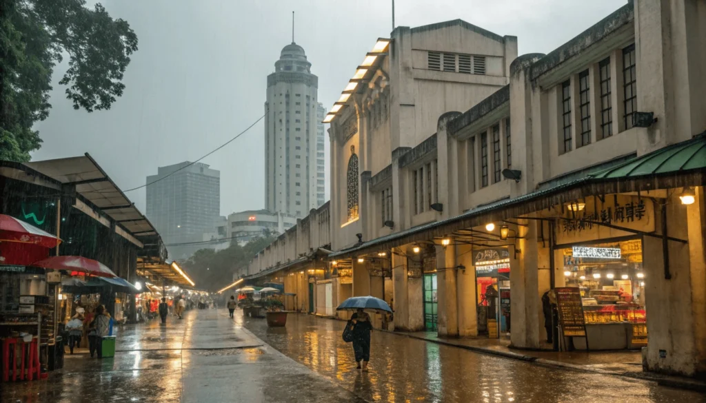 Heavy tropical downpour at Kuala Lumpur Central Market with tourists taking shelter under covered walkways while shopping for handicrafts as rain creates reflective puddles on the street