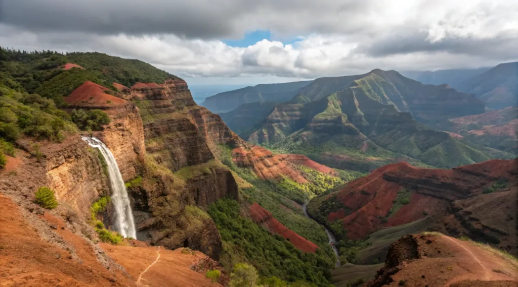 Panoramic composition showing four key Waimea Canyon attractions: Red Dirt Waterfall, Waimea Canyon Lookout, Canyon Trail hikers, and Kalalau Lookout.