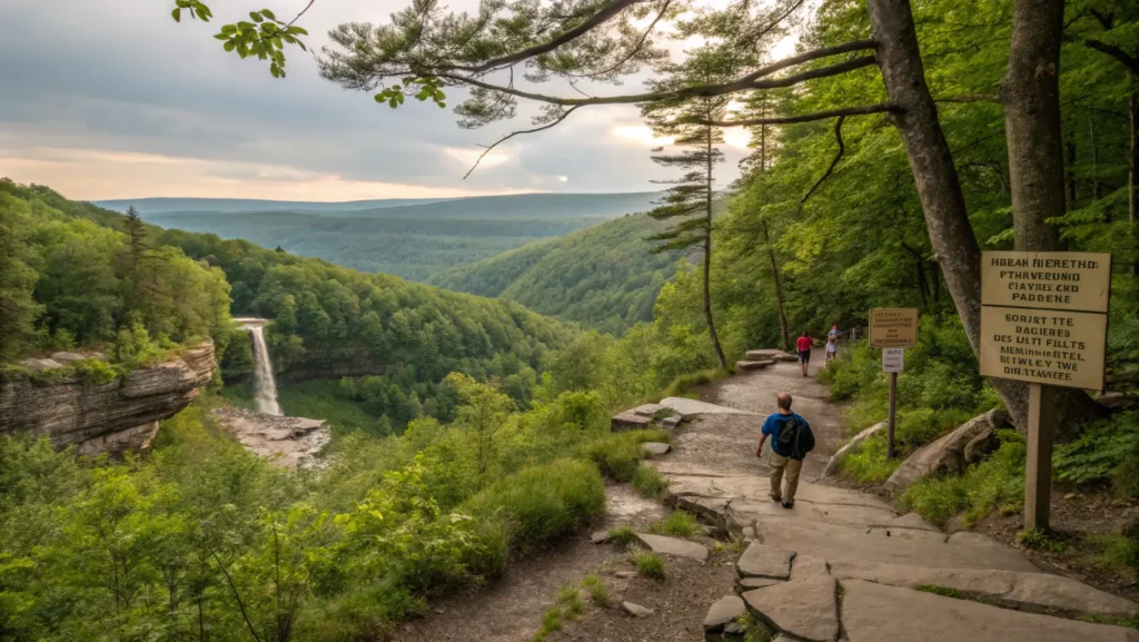 A picturesque hiking trail in Northeast Pennsylvania leading to a waterfall, surrounded by lush greenery and hikers enjoying the adventure.