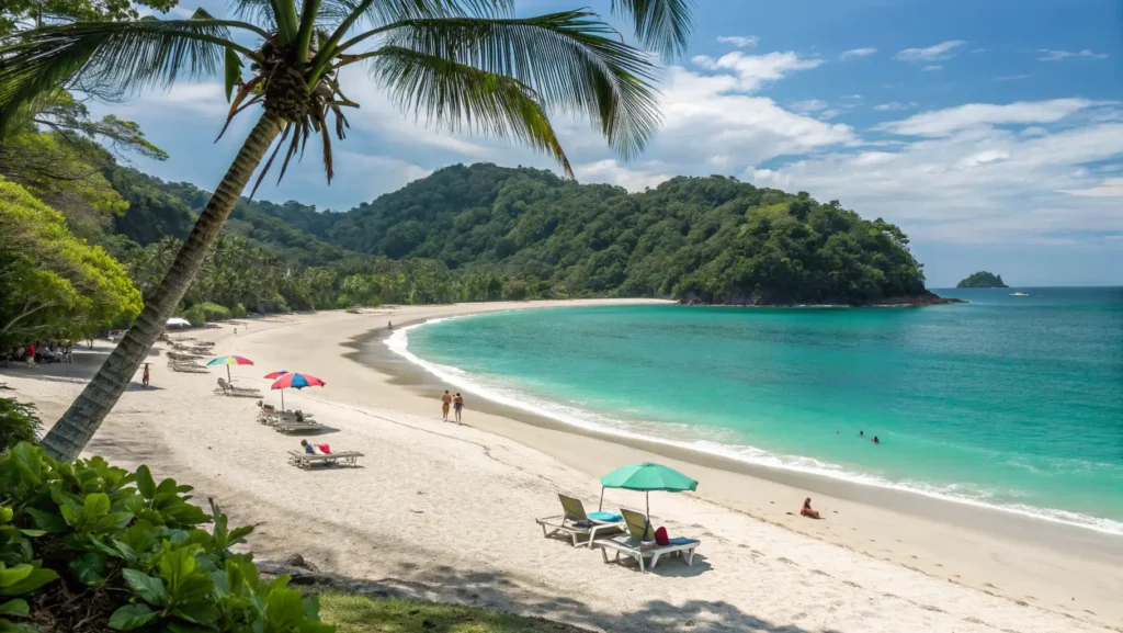 Pristine white sand beach with turquoise waters at Playa Blanca near Jaco, featuring beach chairs, umbrellas, and palm trees under clear blue skies.