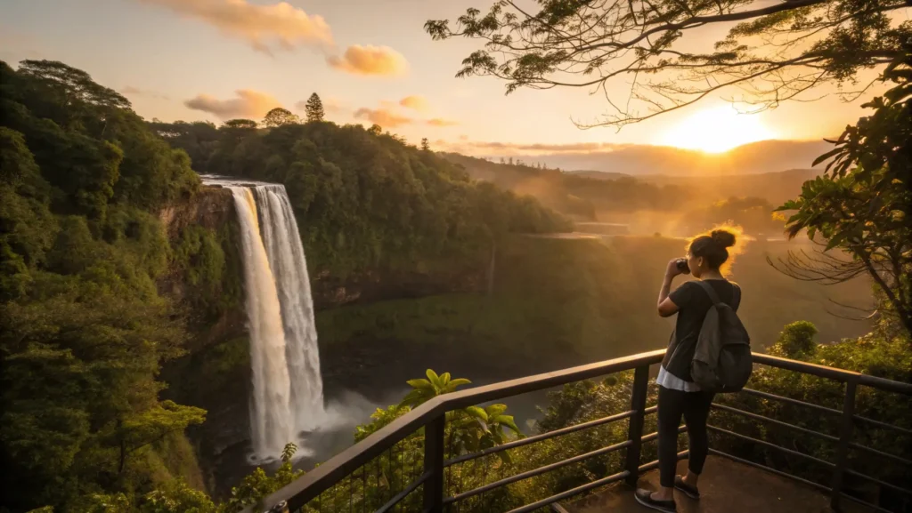 Visitor enjoying sunset view of Wailua Falls bathed in golden evening light, exemplifying responsible tourism.
