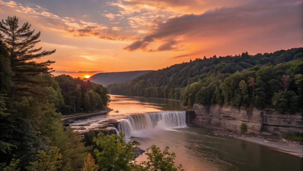 A serene sunset over a waterfall in Northeast Pennsylvania, reflecting warm colors on the water.