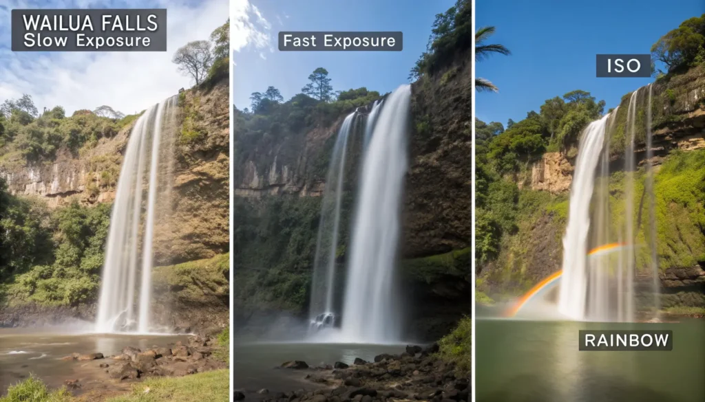  Three photography techniques demonstrated at Wailua Falls with camera settings