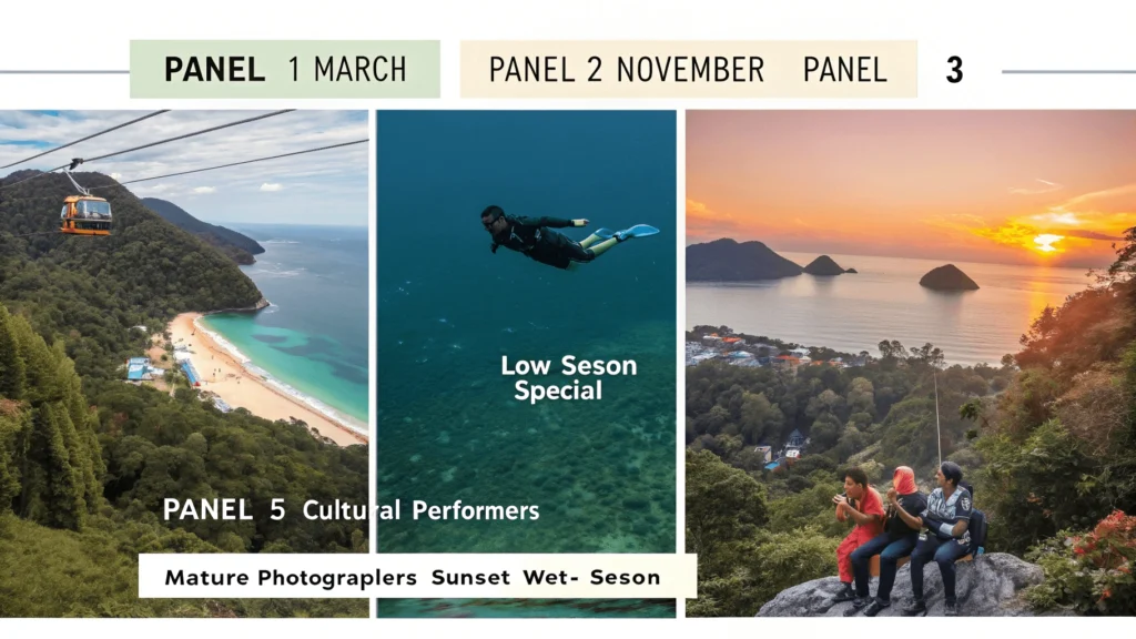 Six-panel image showing optimal Langkawi activities by season: snorkeling in clear March waters, hiking lush November trails, family enjoying uncrowded Cable Car in May, budget travelers at discounted luxury resort in September, cultural festival performers, and photographers capturing dramatic wet-season sunset.