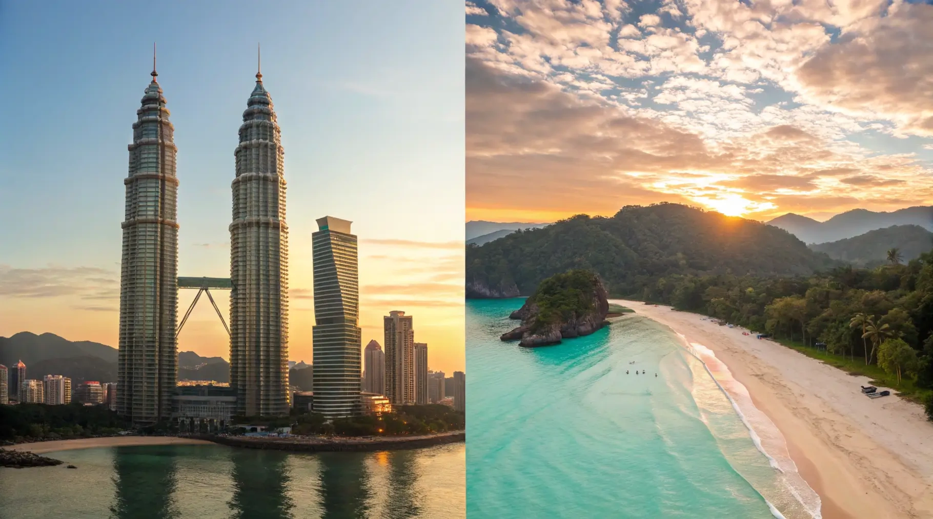 Split view of Petronas Twin Towers Kuala Lumpur and Tanjung Rhu beach Langkawi showing best time to visit both destinations