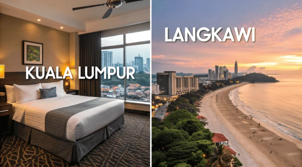 Split image showing November shoulder season value in KL hotel room and uncrowded Langkawi beach with discounted accommodation
