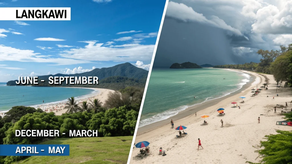 Split-screen comparison showing Langkawi during dry season (sunny beaches with tourists), shoulder season (partly cloudy with moderate crowds), and wet season (dramatic skies with lush landscapes and empty beaches).