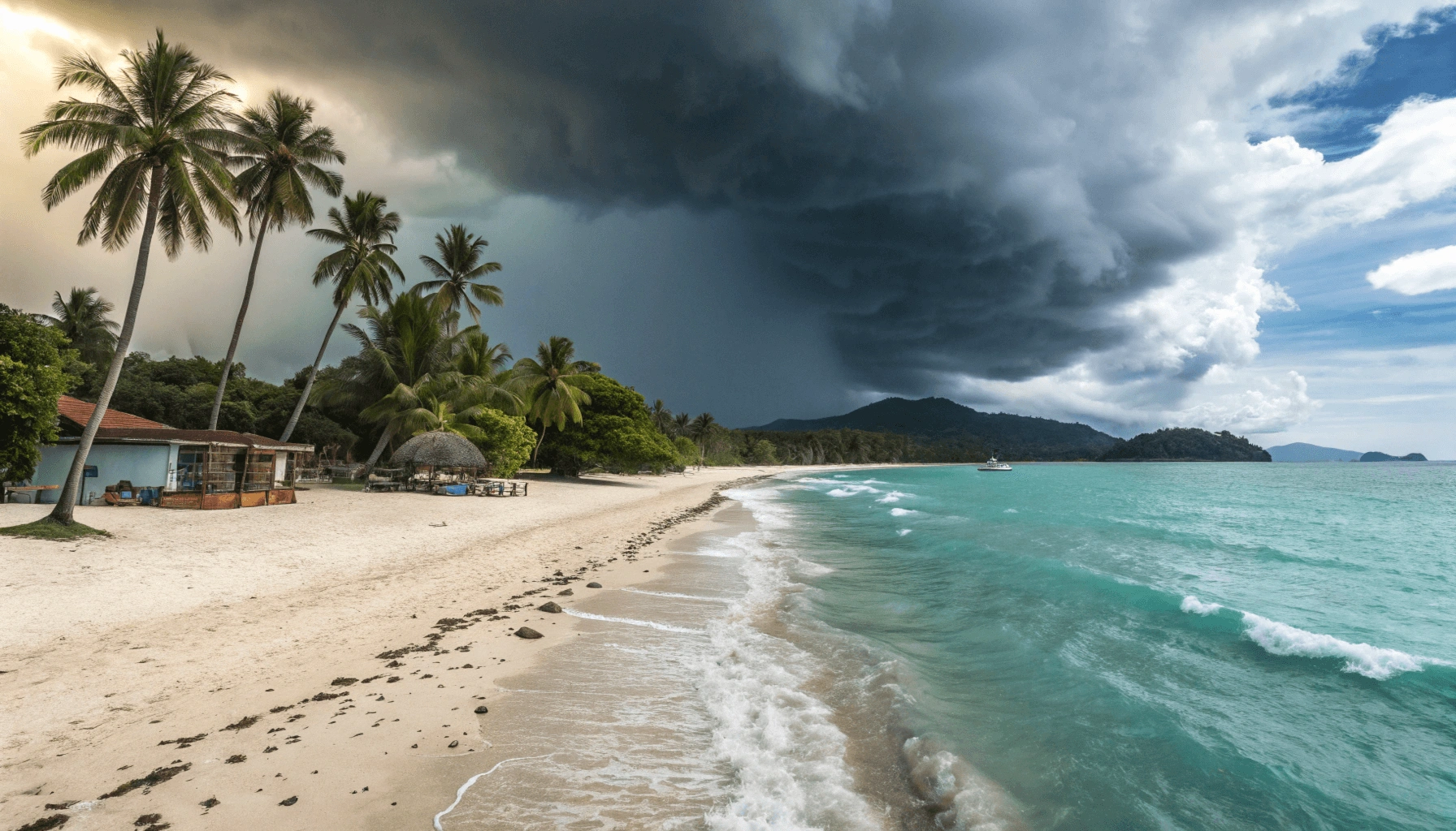 Split image showing contrasting weather conditions in Malaysia: sunny pristine beach on left, same location during monsoon with stormy seas and heavy rain on right.