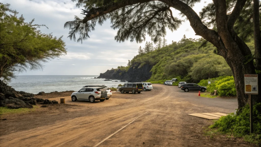 Dirt parking lot for 49 Black Sand Beach showing limited spaces under kiawe trees with trail entrance visible